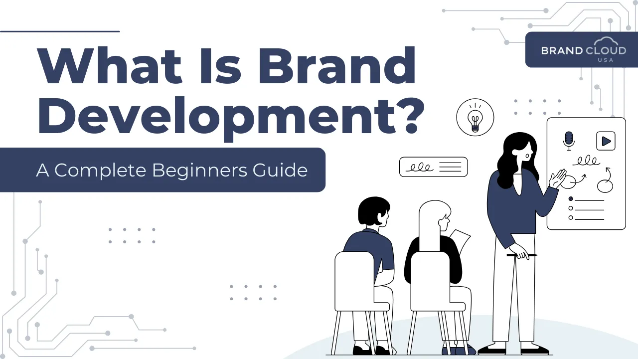 What is brand development? Clip art of people planning a brand, on a white background.