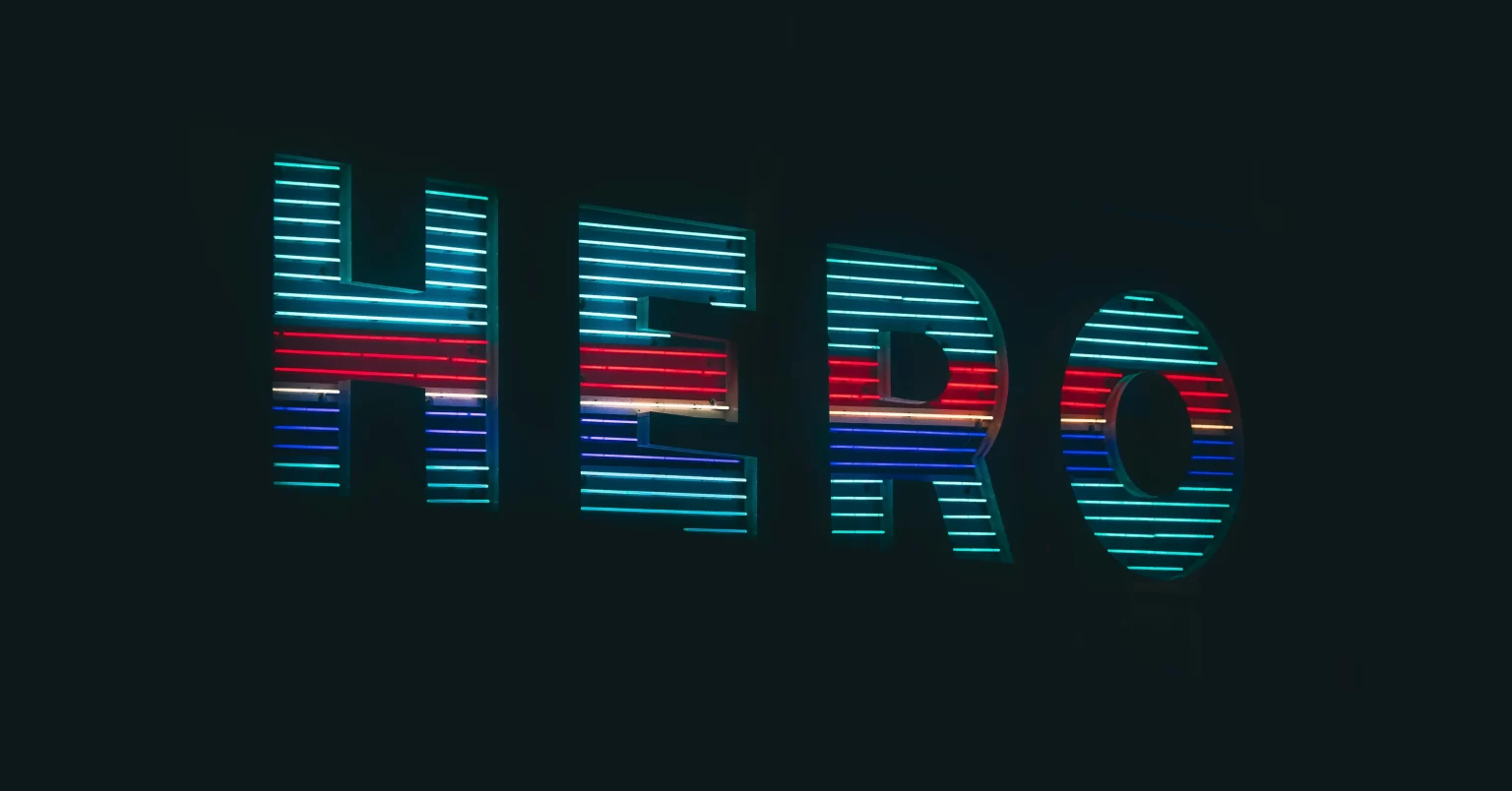 Hero in neon lights on a black background. 