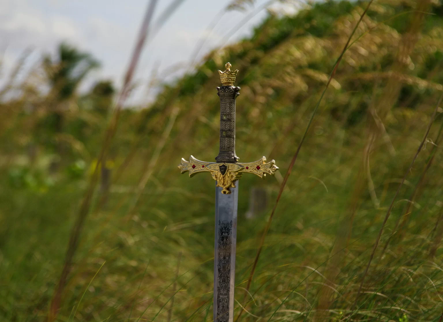 A lone sword stuck in the ground of a grassy field. 