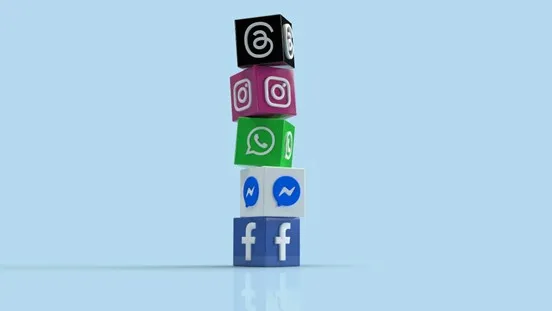 3D blocks with various social media logos displayed.