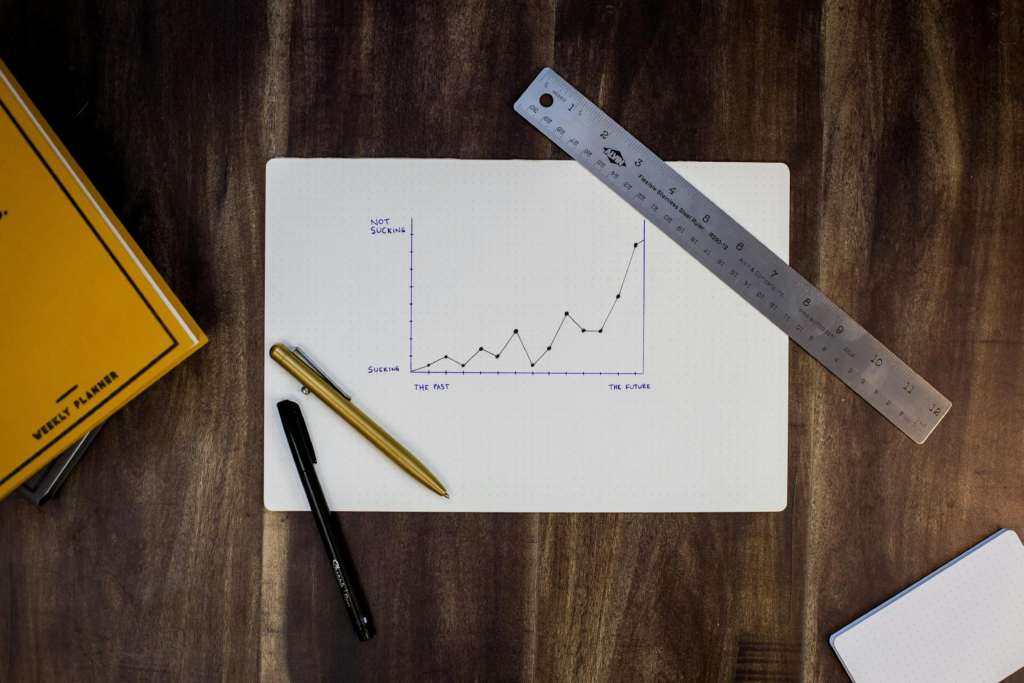 A piece of paper on a table with a graph drawn on, as well as stationery strewn around. 