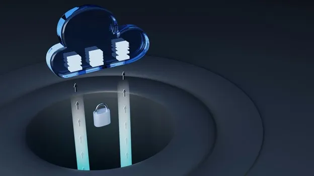 a 3d image render of a cloud gathering information, with a 3d rendered lock beneath it, 