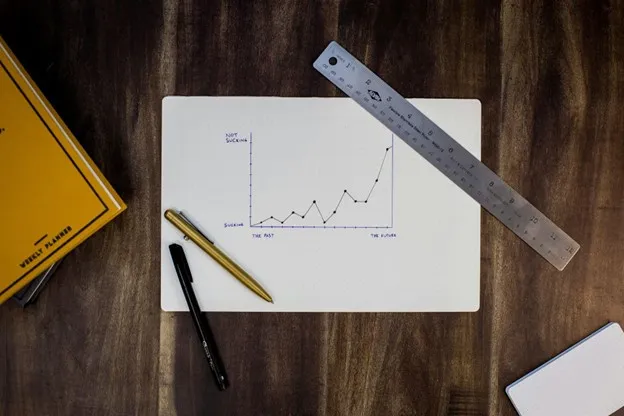 A hand-drawn graph is placed on a wooden table alongside a ruler, two pens, and a yellow weekly planner.